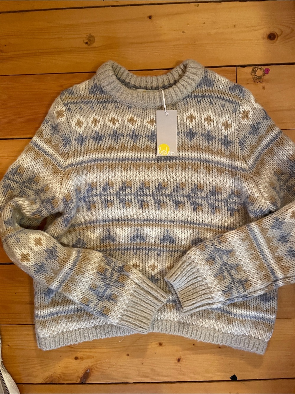 Boden Women’s Fair Isle Crewneck Sweater - Floral Light Gray, Blue & Cream